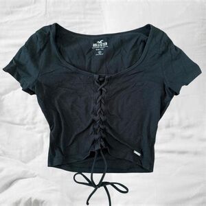 Hollister Black Fitted Crop Blouse with Tie Front